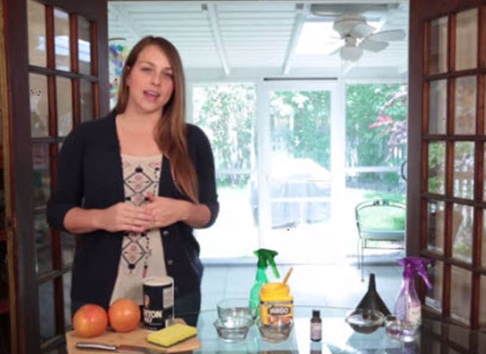 cleaning green, woman standing in a house with cleaning products