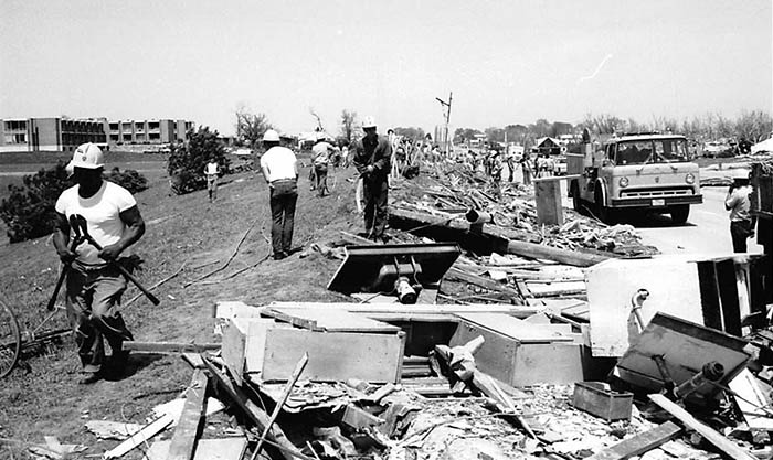 1975 tornado, OPPD crews fixing damage from the storm