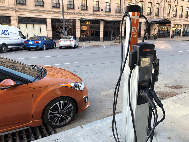 EV grant, example of an EV charger in downtown Omaha