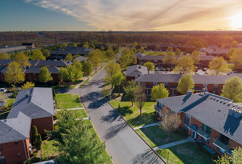 Aerial view urban landscape on apartment complex small american town